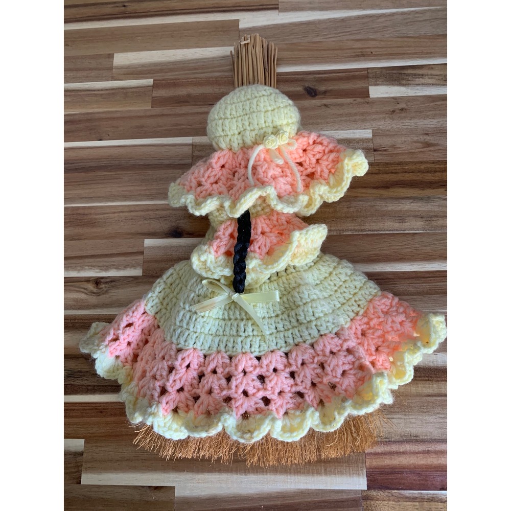 Vintage Handmade Crochet Broom Doll Wall Hanging Kitchen Decor Retro Cottage